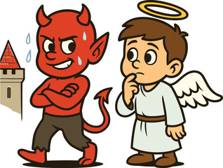 Angel and Devil Characters Representing Good vs. Evil and Moral Dilemmas, Decision Making, and Temptation Concepts