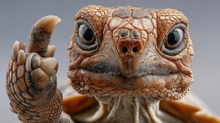 Close-up of a tortoise with an angry face on a gray background