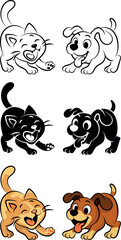Cartoon style illustration of a cheerful dog and cat in playful dynamic poses with exaggerated facial expressions. Bold outlines, silhouette and lively energetic composition