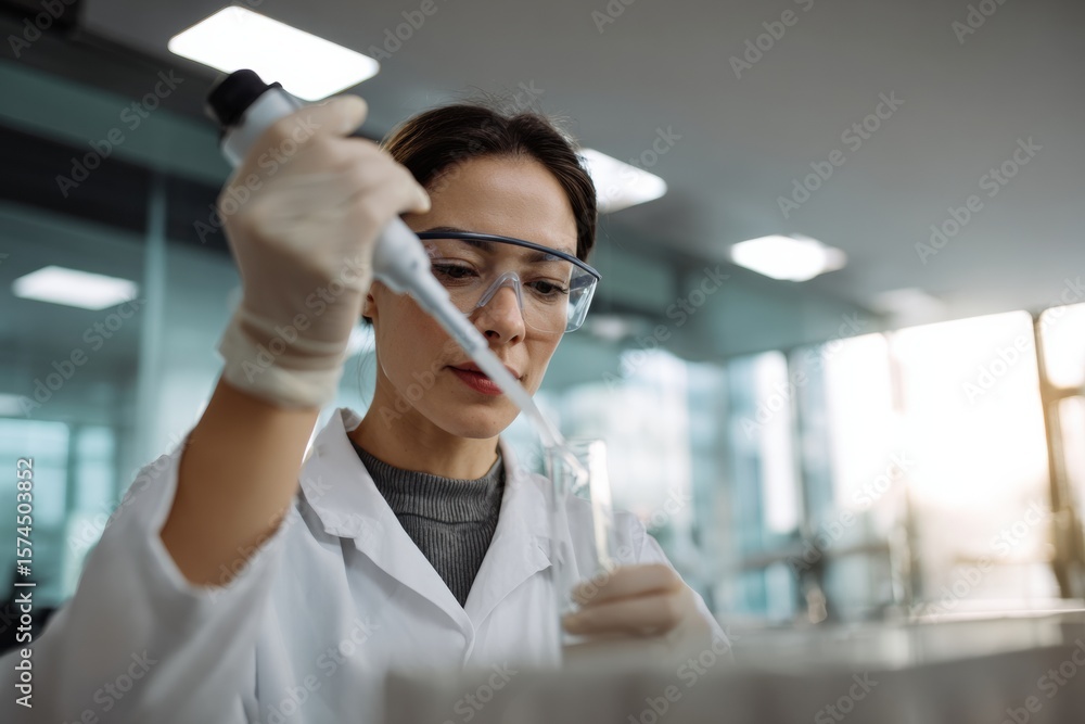 Poster focused scientist in laboratory setting is using pipette to transfer liquid into test tube. she is w
