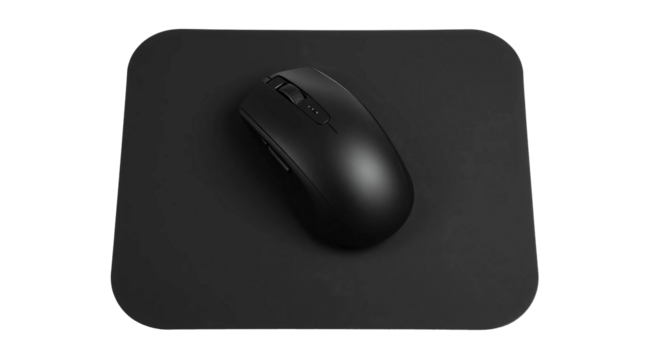 Black computer mouse placed on sleek black mousepad isolated on transparent background