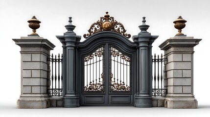 Ornate grand entrance gate with stone pillars and decorative urns
