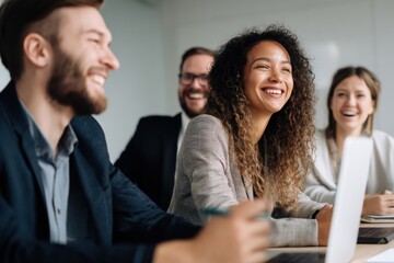 Diverse group of young businesspeople are having meeting, sharing laughter and ideas in modern office setting. Their expressions convey joy and collaboration, creating positive atmosphere