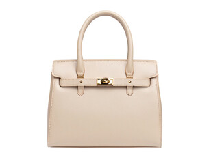 Elegant Nude Beige Leather Handbag with Gold Clasp &ndash; Isolated on Transparent Background