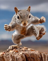 Close up of a grey squirrel balancing on a piece of wood.