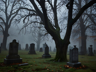 atmosphere of the Halloween graveyard is scary and spooky.