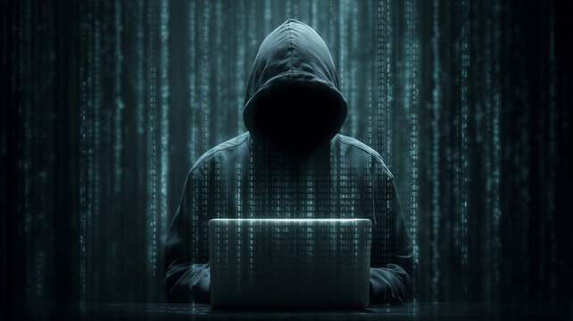 Hooded figure typing on laptop in dark room, digital code background, mysterious and secretive atmosphere