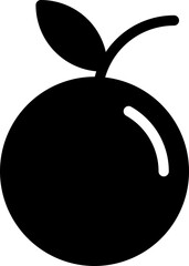 Simple black glyph icon of a ripe round fruit with a leaf, an isolated vector graphic representing fresh food, healthy eating, and sweet natural dessert ingredients