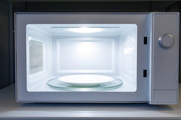 Obraz premium Microwave interior with empty plate on glass turntable and bright lighting showcasing modern kitchen appliance