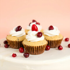 Watercolor painting of three chocolate cupcakes with white frosting and red cranberries holiday dessert close up