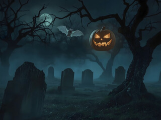 Halloween graveyard has ghosts, demons, pumpkins, bats, ghosts.