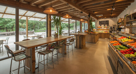 Fototapeta premium Tropical Style Open-Air Cafe with Wooden Ceiling and Bar Stools