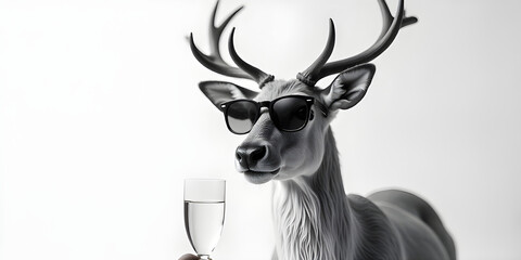 Deer with sunglasses holding a glass of champagne, stylized portrait, wearing fashionable sunglasses
