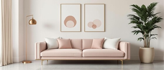 Un salon raffiné et lumineux au style minimaliste et élégant. Un canapé aux lignes épurées est placé contre un mur clair, flanqué de coussins ton sur ton. Deux tableaux géométriques encadrés décorent 