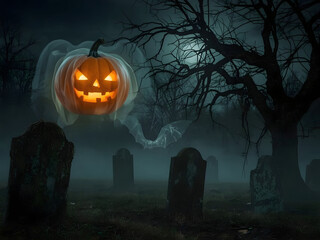 Halloween graveyard has ghosts, demons, pumpkins, bats, ghosts.