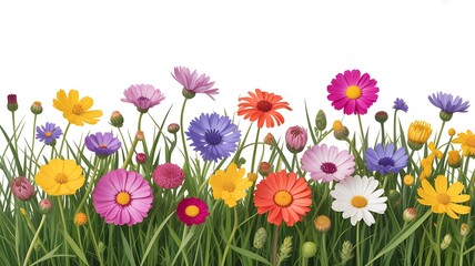 Fototapeta premium Vibrant wildflowers and green grass border against a clean white background