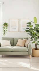 Un salon raffiné et lumineux au style minimaliste et élégant. Un canapé aux lignes épurées est placé contre un mur clair, flanqué de coussins ton sur ton. Deux tableaux géométriques encadrés décorent 