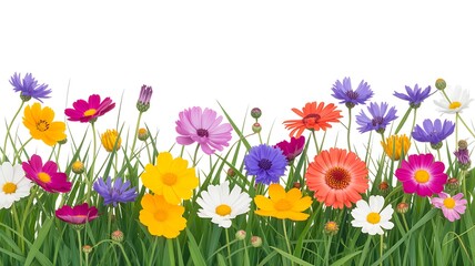 Fototapeta premium Vibrant wildflowers and green grass border on a clean white background