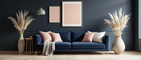 Un salon raffiné et lumineux au style minimaliste et élégant. Un canapé aux lignes épurées est placé contre un mur clair, flanqué de coussins ton sur ton. Deux tableaux géométriques encadrés décorent 