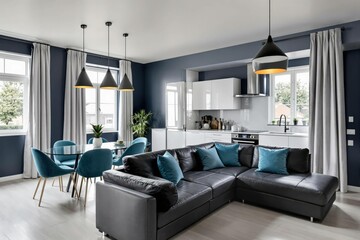 Un salon raffiné et lumineux au style minimaliste et élégant. Un canapé aux lignes épurées est placé contre un mur clair, flanqué de coussins ton sur ton. Deux tableaux géométriques encadrés décorent 