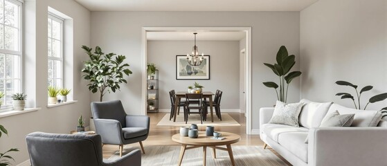 Un salon raffiné et lumineux au style minimaliste et élégant. Un canapé aux lignes épurées est placé contre un mur clair, flanqué de coussins ton sur ton. Deux tableaux géométriques encadrés décorent 