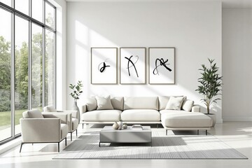 Un salon raffiné et lumineux au style minimaliste et élégant. Un canapé aux lignes épurées est placé contre un mur clair, flanqué de coussins ton sur ton. Deux tableaux géométriques encadrés décorent 