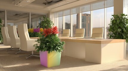 Colorful planter in a modern conference room.