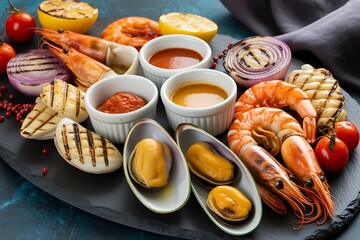 Delicious grilled seafood platter with prawns mussels and dipping sauces
