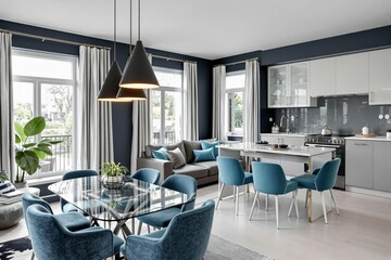 Un salon raffiné et lumineux au style minimaliste et élégant. Un canapé aux lignes épurées est placé contre un mur clair, flanqué de coussins ton sur ton. Deux tableaux géométriques encadrés décorent 