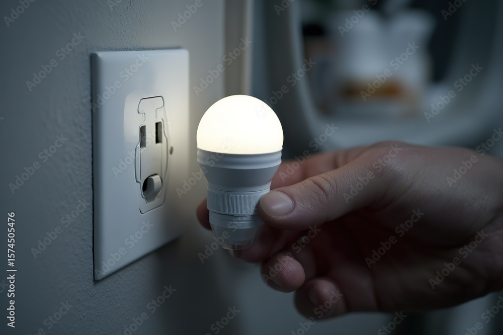 Poster hand installing an energy-efficient led bulb into a wall socket in a modern indoor setting during ev
