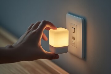 Hand adjusts soft glowing night light plugged into wall outlet in a cozy space during evening hours