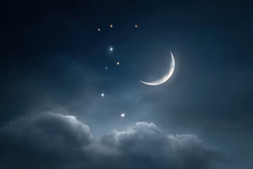 Night sky with crescent moon and stars illuminating clouds in tranquil atmosphere