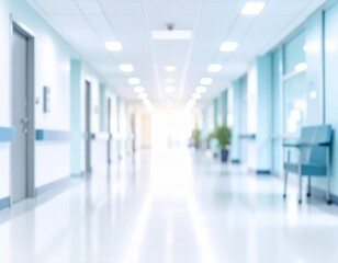 Obraz premium Bright, empty defocused hospital corridor background with copy space.