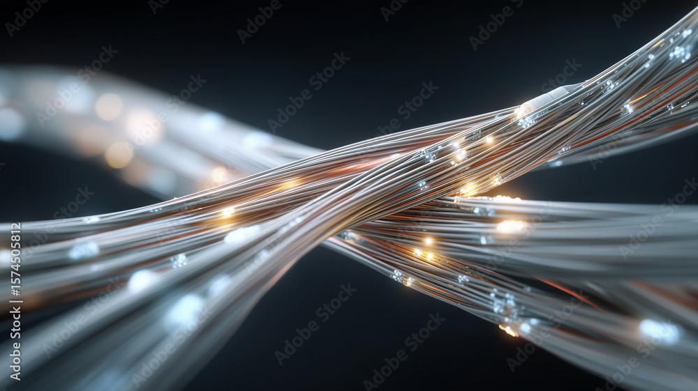 Poster abstract network cables with glowing breach points, digital data flow, futuristic technology, dynami