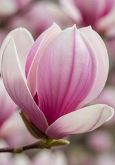 Fototapeta premium Pink Magnolia Blossom Close Up - A delicate pink magnolia flower in full bloom, showcasing its intricate petals and soft texture