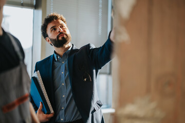 A business professional in a formal suit overseeing a project at a site, interacting with team...