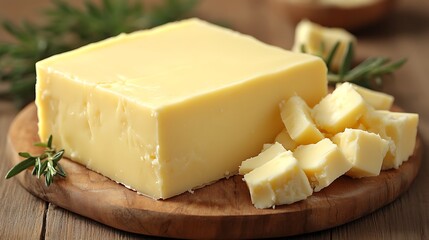 Block of cheese with diced pieces on a wooden board.