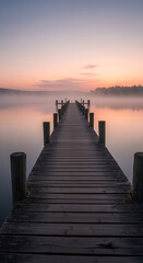 Fototapeta premium Serene wooden pier extending into a misty lake at sunrise, with a tranquil and colorful sky reflecting on the calm water.