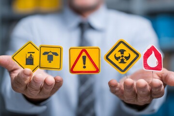 Man Holding Hazard Warning Signs.