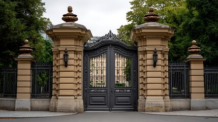 Grand ornate black metal gates flanked by ornate stone pillars with lanterns and decorative finials