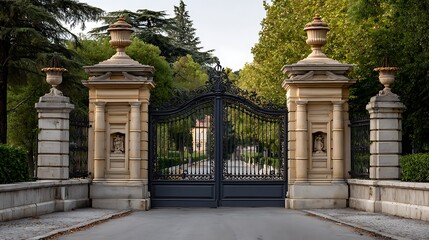 Grand ornate black wrought iron gates guarding an estate entrance with stone pillars and sculptures