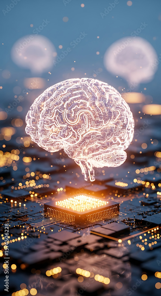 Aufkleber artificial intelligence concept design depicting a glowing brain above a computer motherboard circui