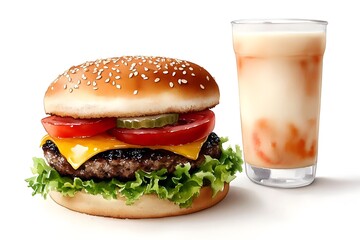 A delicious cheeseburger with fresh lettuce, tomato, pickles, and melted cheese in a sesame seed bun, paired with a creamy milkshake. Perfect for fast food and beverage promotions.