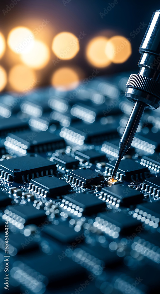 Poster close up shot of electronic components being tested using precise tools and technology