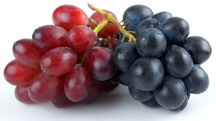 Fototapeta premium Fresh grapes of red and blue varieties glistening with water droplets sit against plain white backdrop