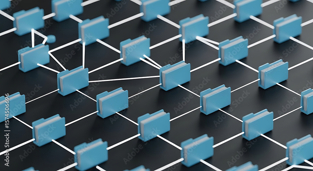 Poster data folders connected in a network representing information sharing and data storage