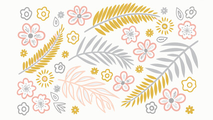 Botanical pattern with flowers and leaves in pastel colors on a white background design art work