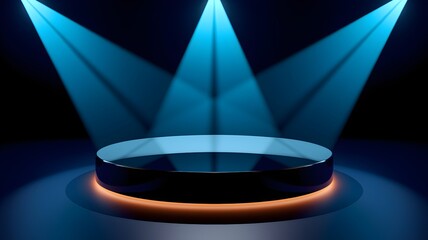 Illuminated Stage with Spotlights: A sleek, circular stage is bathed in the cool glow of spotlights, creating a dramatic ambiance and highlighting the central platform. 