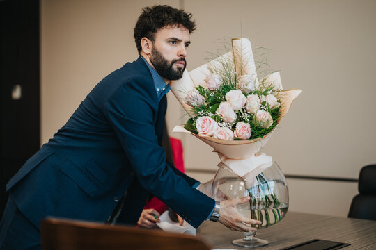 Man in formal business attire arranging a decorative floral bouquet on a table in a modern office setting, indicating organization and attention to detail.
