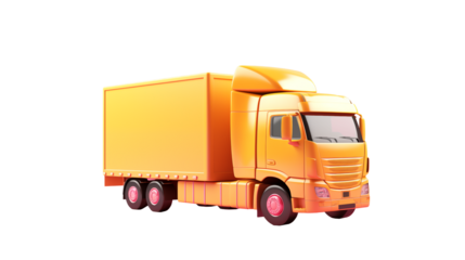 A bright yellow delivery truck with a closed cargo container on black background